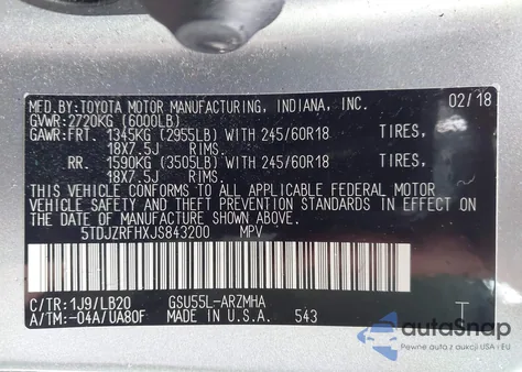 2018 Toyota Highlander Xle из США, поврежденный, VIN 5TDJZRFHXJS843200